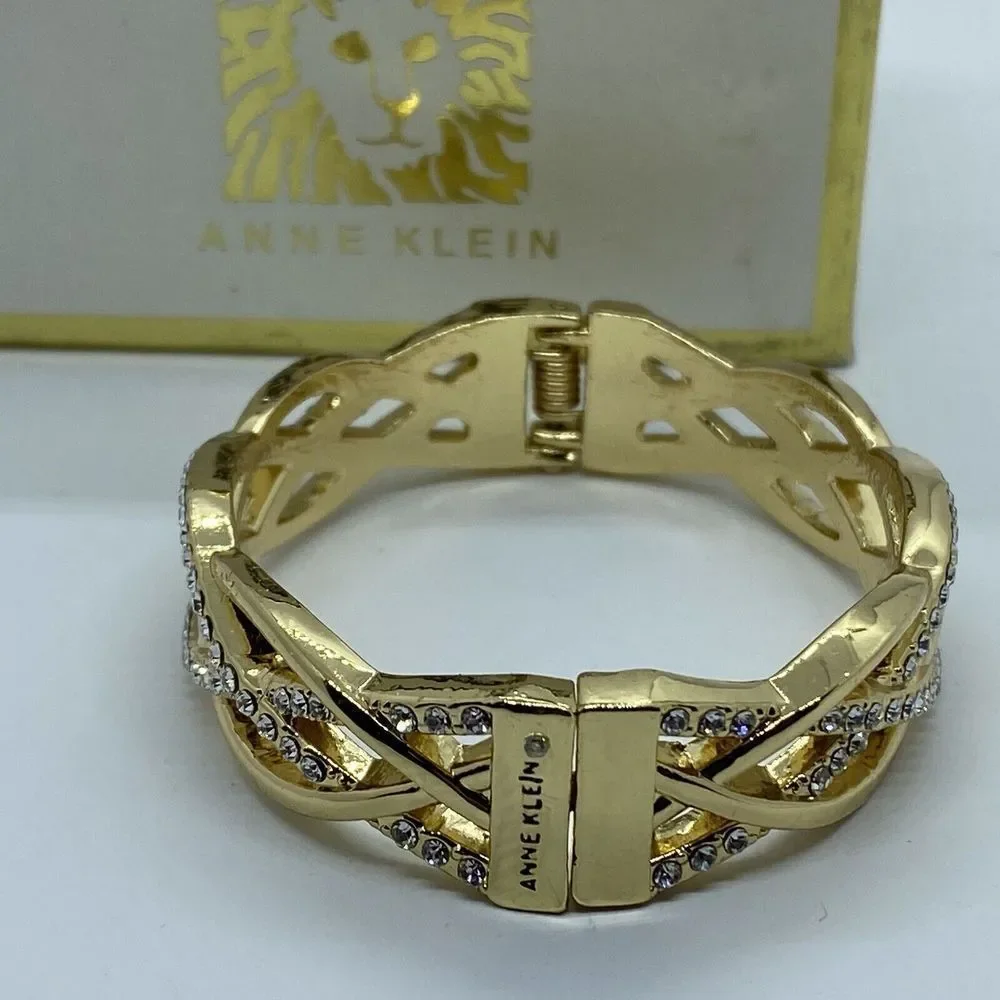 Anne Klein Women's Gold-Tone and Crystal Hinge Bangle Bracelet UB71